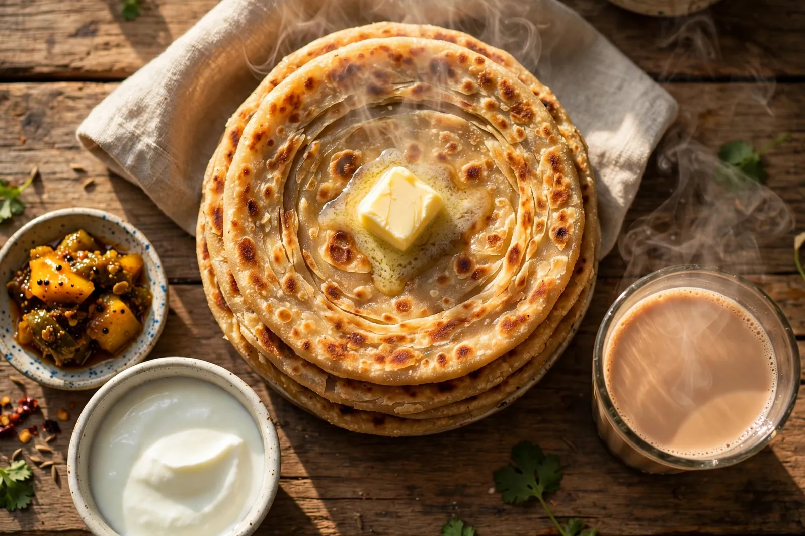 Aloo paratha recipe — golden crispy aloo parathas served with yogurt and pickle