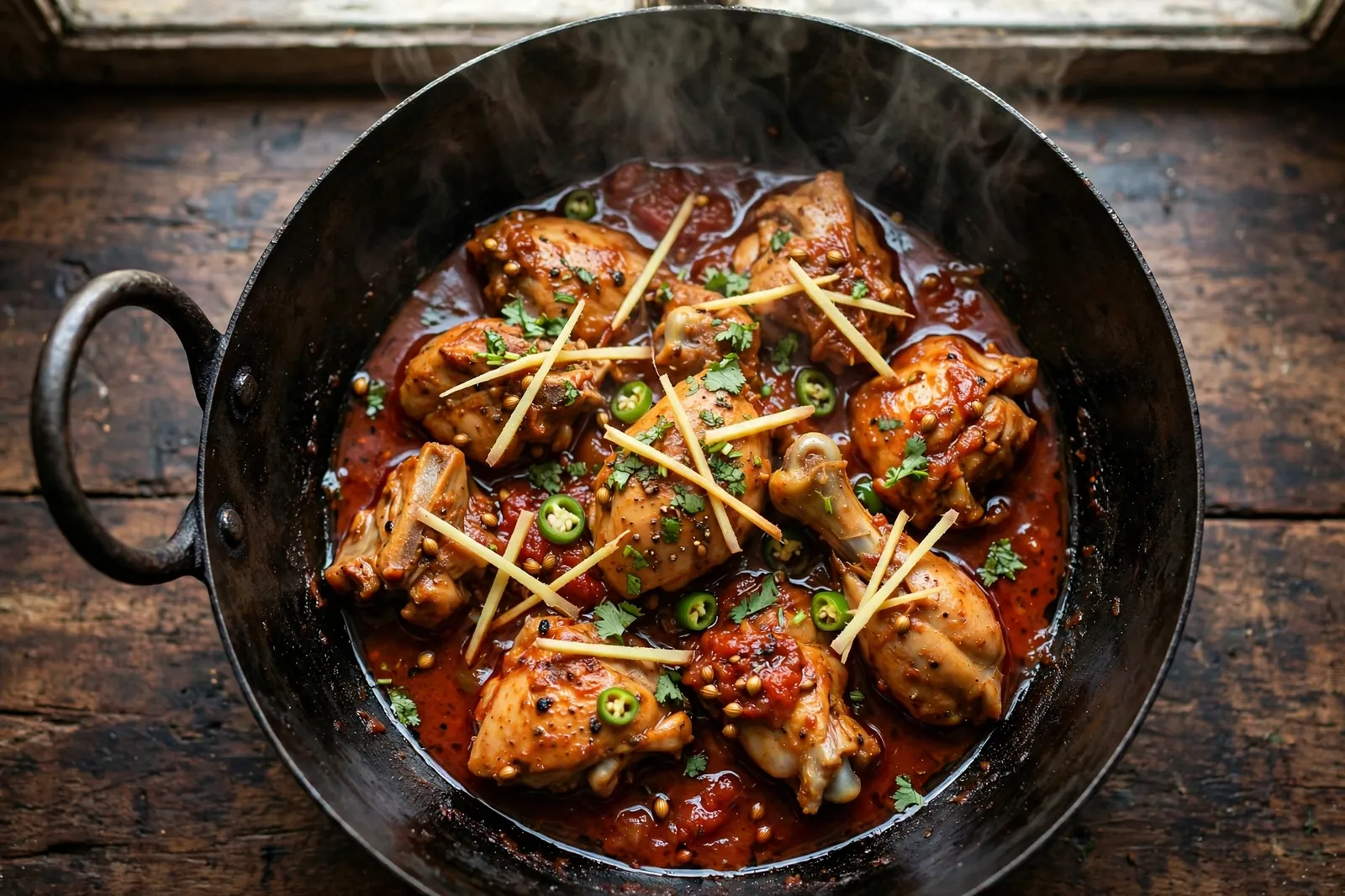 Authentic chicken karahi recipe in a traditional karahi wok, topped with fresh ginger and green chilies