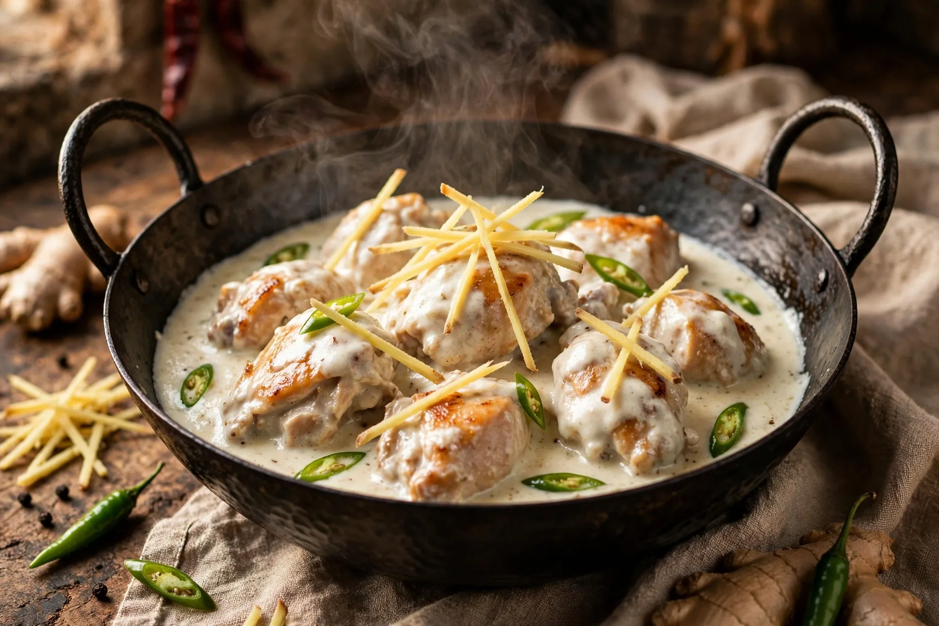 Chicken white karahi recipe served in a karahi with julienned ginger and green chilies