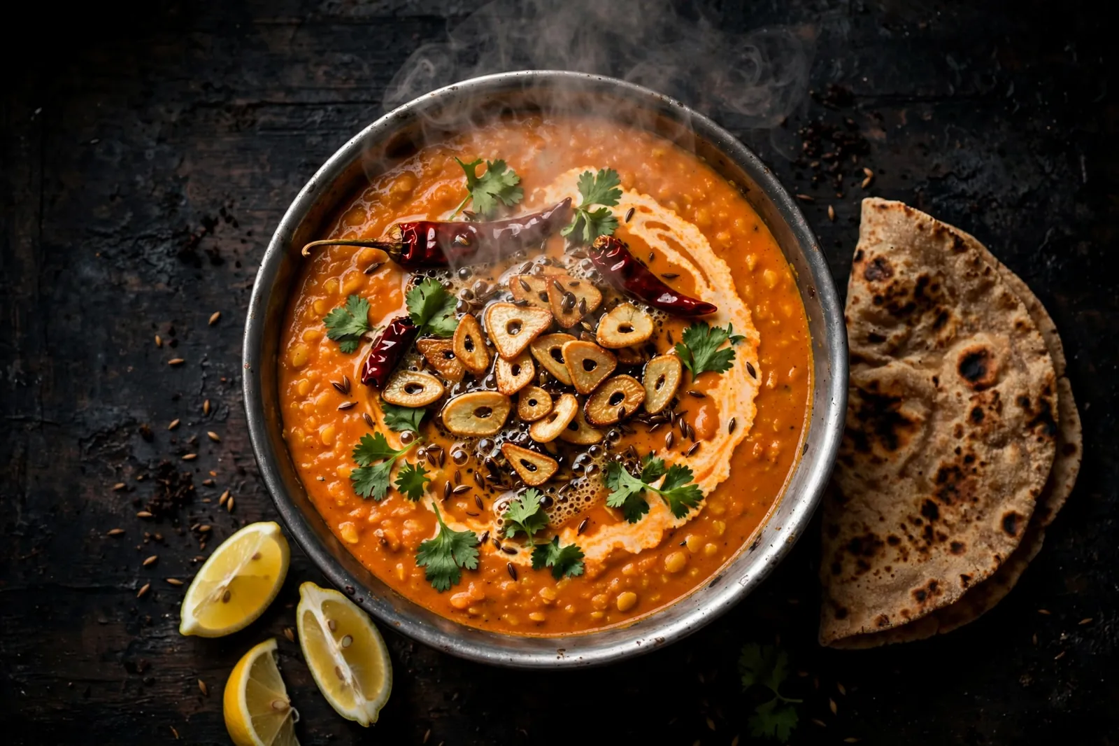 Daal tadka recipe in a bowl with sizzling ghee tempering of cumin and dried red chilies