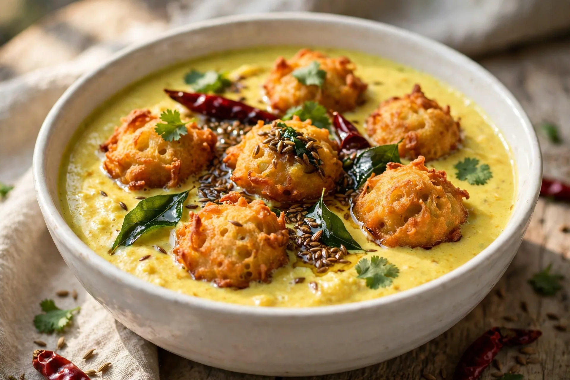 Kadhi pakora recipe – creamy Pakistani-style yogurt curry with crispy onion pakoras